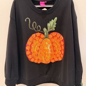 QUEEN OF SPARKLES Black Sweater with Orange Pumpkin Design